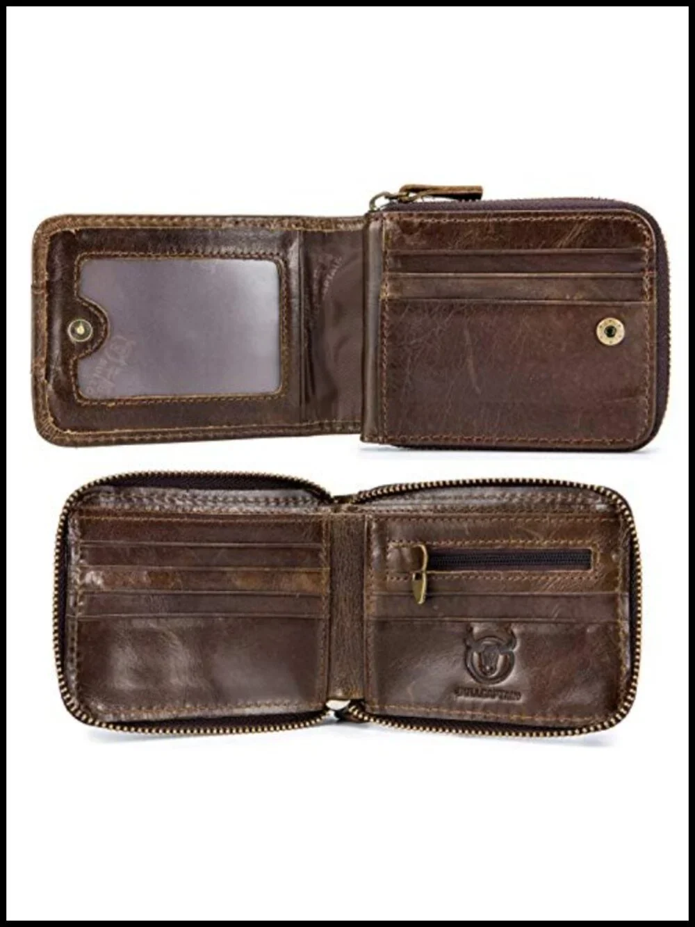 Genuine Cowhide Leather RFID Blocking Zipper Wallet with Coin Pocket